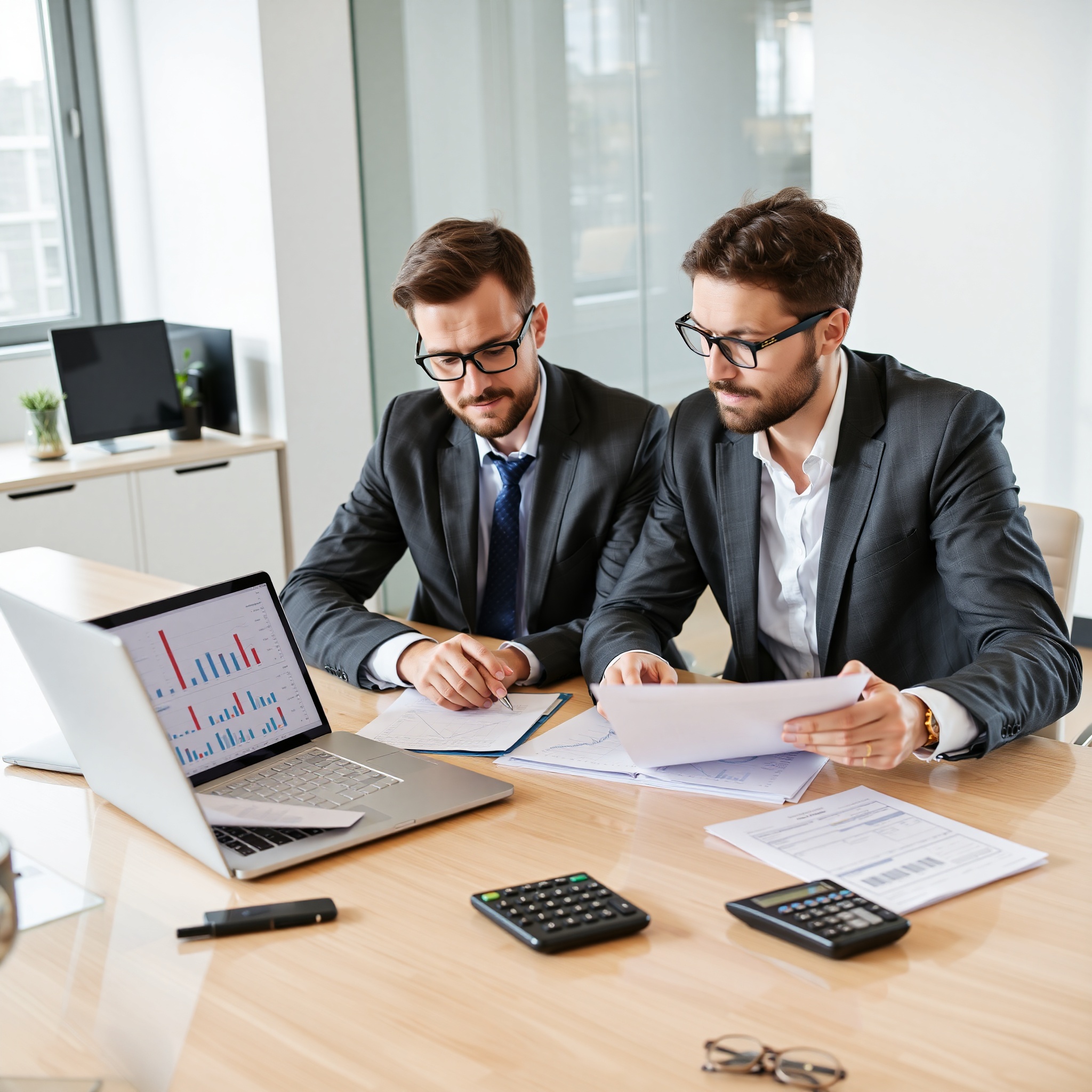 Professional accountant reviewing financial documents and rental property spreadsheets at desk with calculator