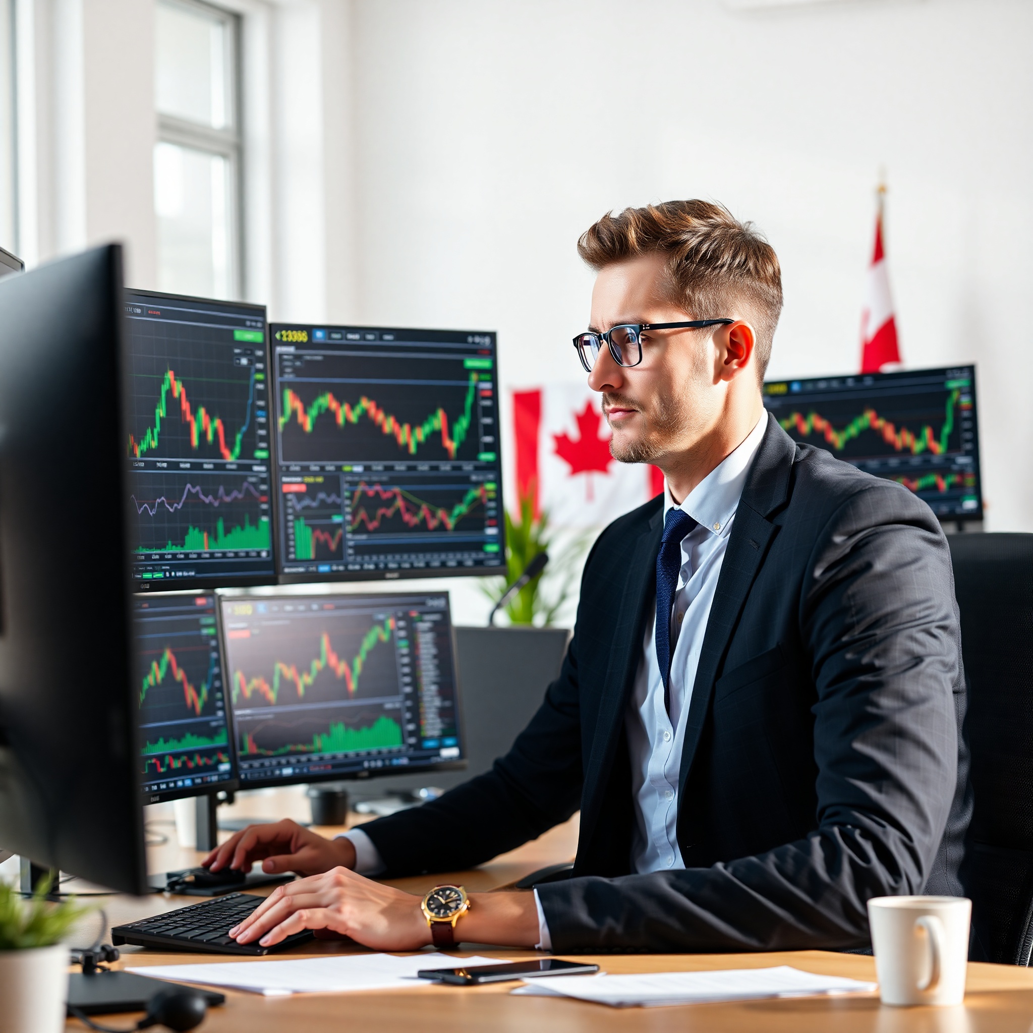 Professional financial advisor analyzing investment portfolio on computer with growth charts and Canadian currency