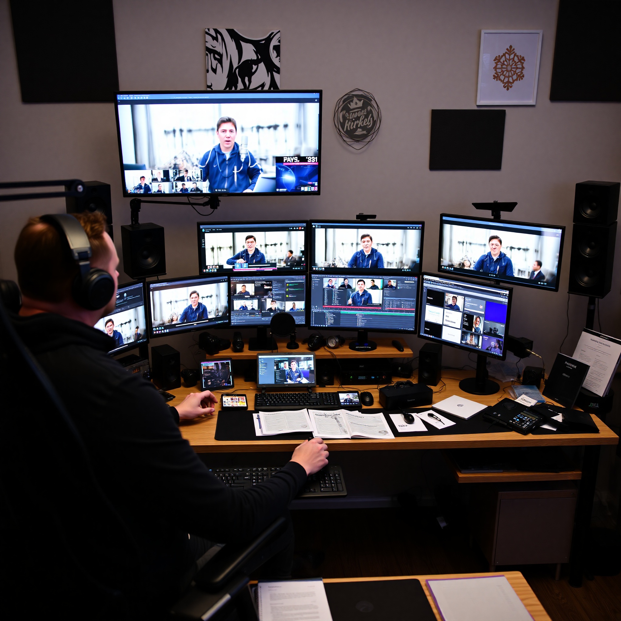 Digital content creator recording video course with professional equipment and editing software displayed on screens