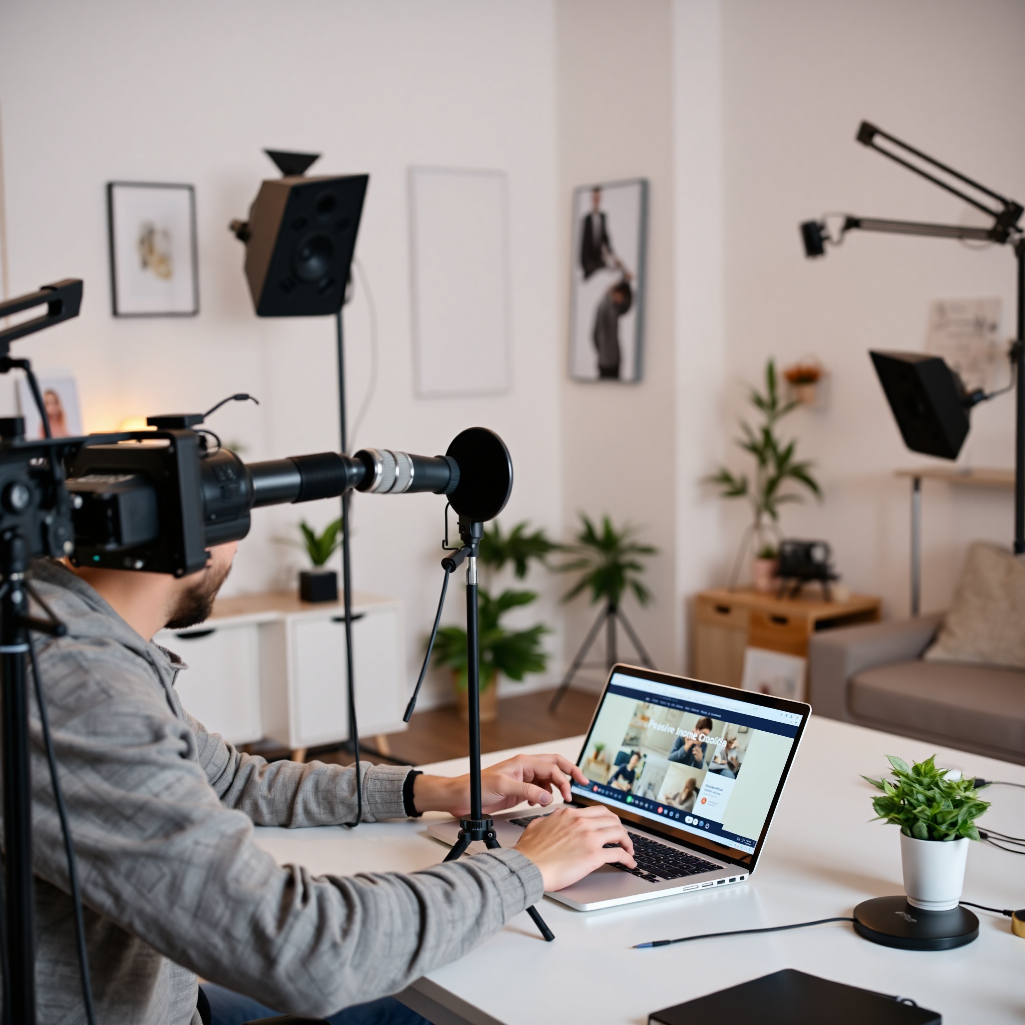 Content creator recording video tutorial in home studio with professional lighting equipment