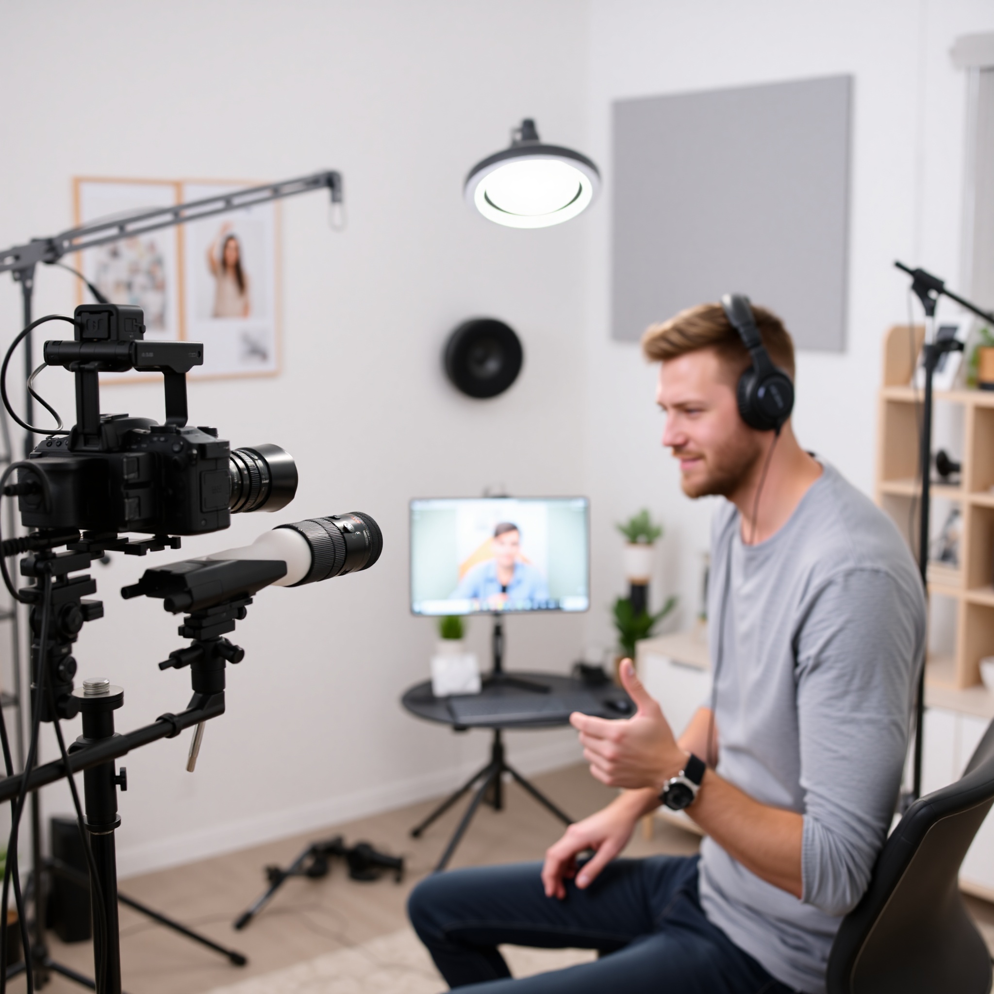 Professional creating online course content in home studio with camera and microphone