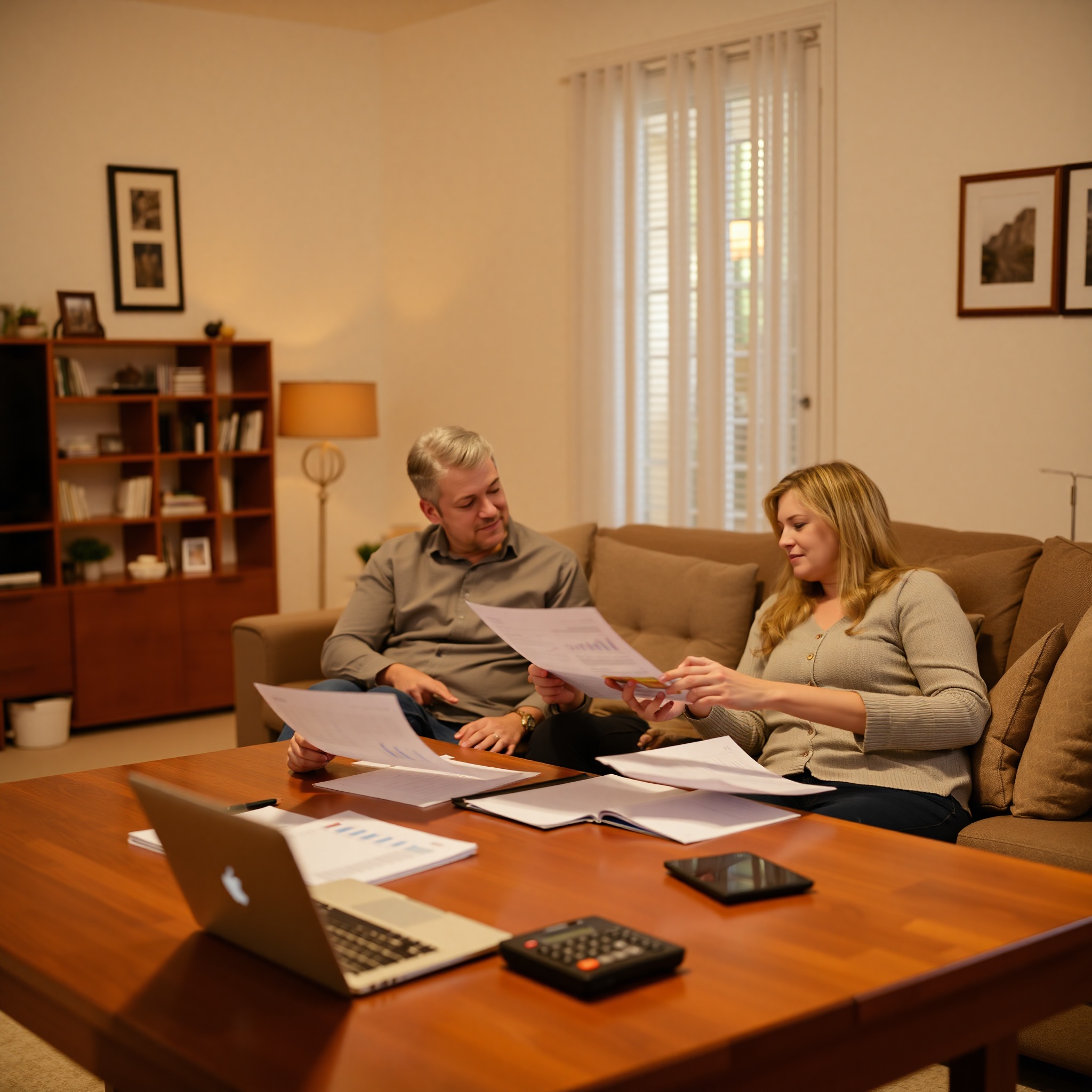 Young professional couple reviewing financial planning documents together at home