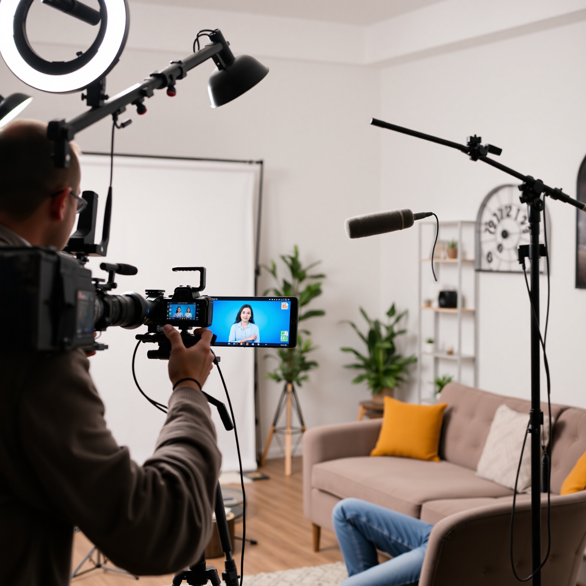 Content creator recording video tutorial in home studio with professional lighting equipment