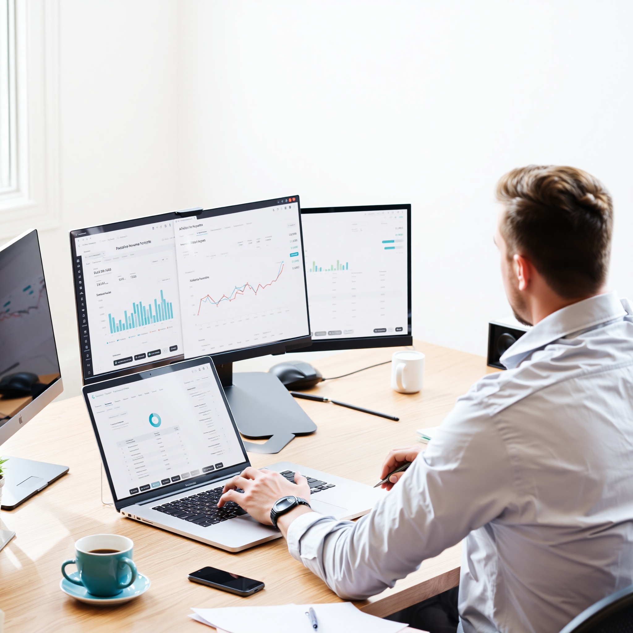 Small business owner reviewing affiliate marketing dashboard with commission earnings displayed