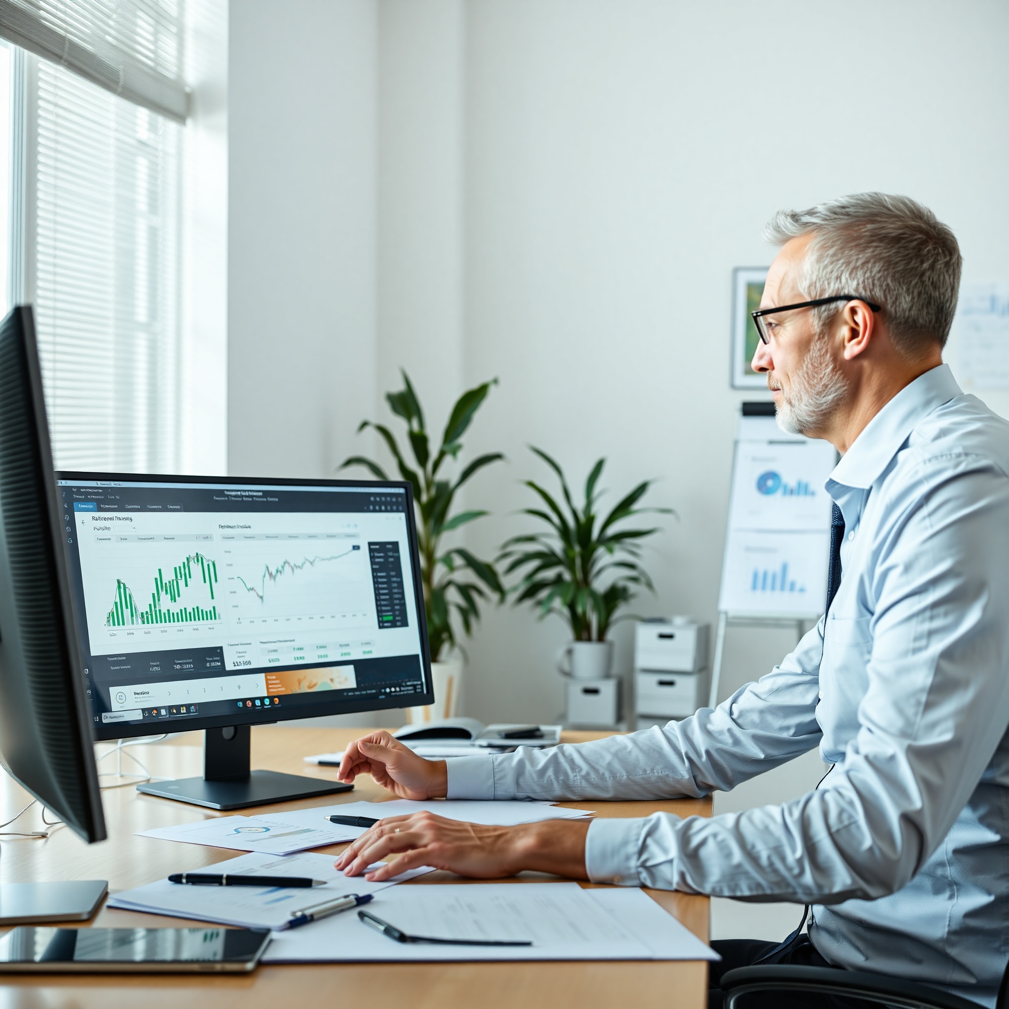 Professional financial advisor reviewing retirement investment strategy at desk