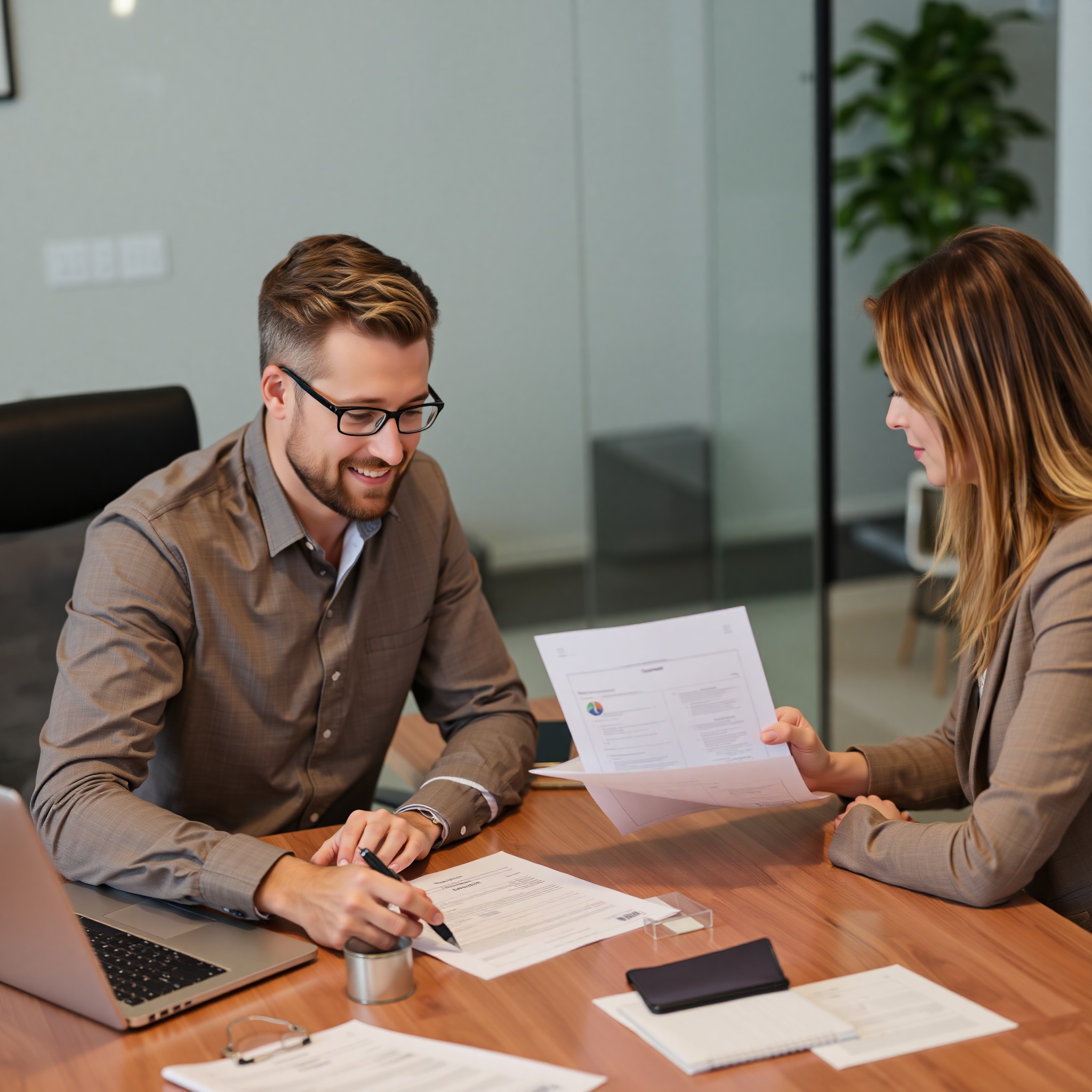 Financial advisor discussing RRSP and TFSA account statements with client at desk