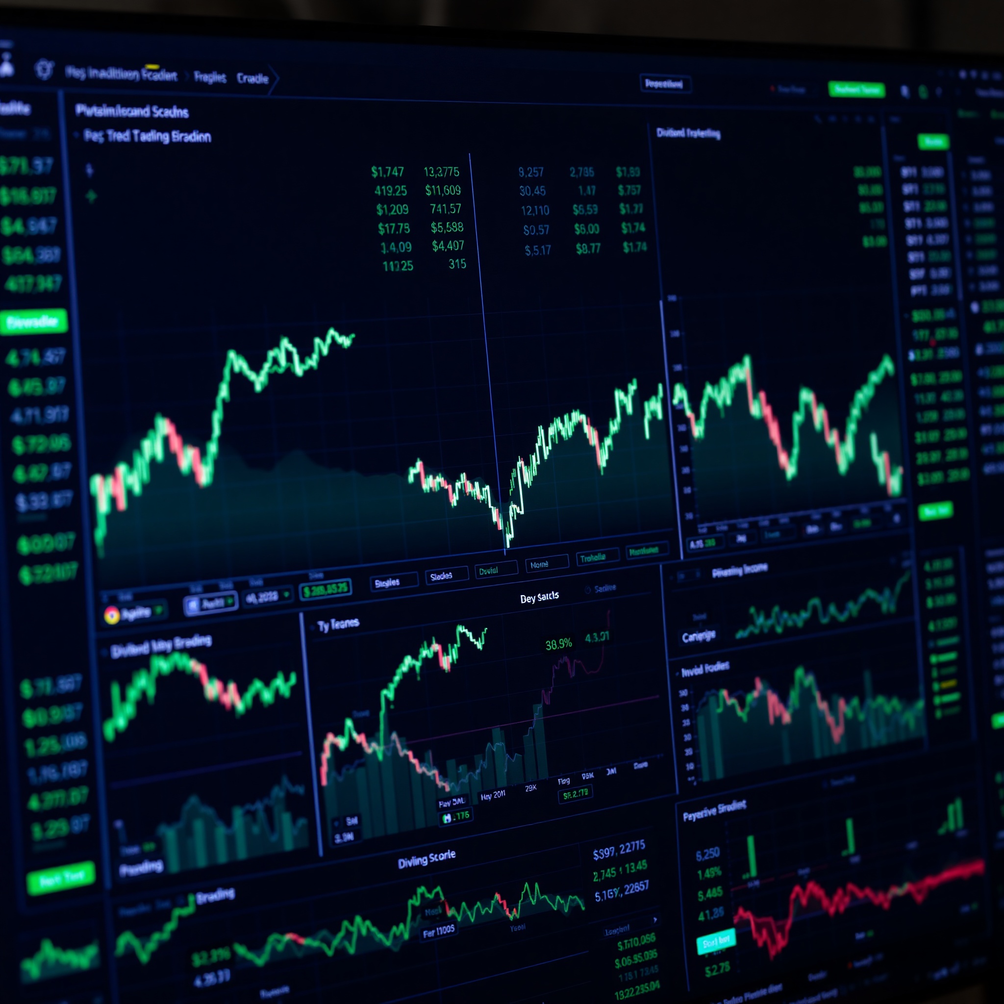 Stock market charts and dividend investment analysis on computer monitor