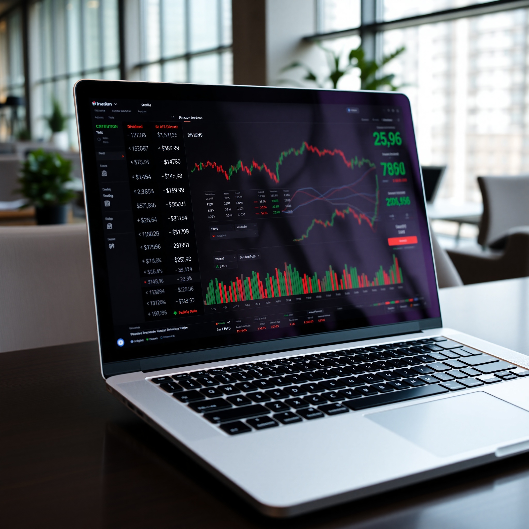 Stock market trading interface showing dividend investment portfolio performance and growth charts