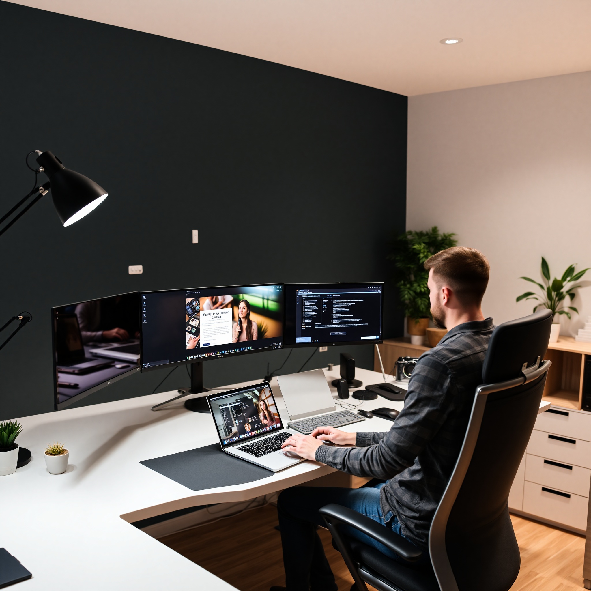 Professional home office setup with laptop displaying online course content creation software