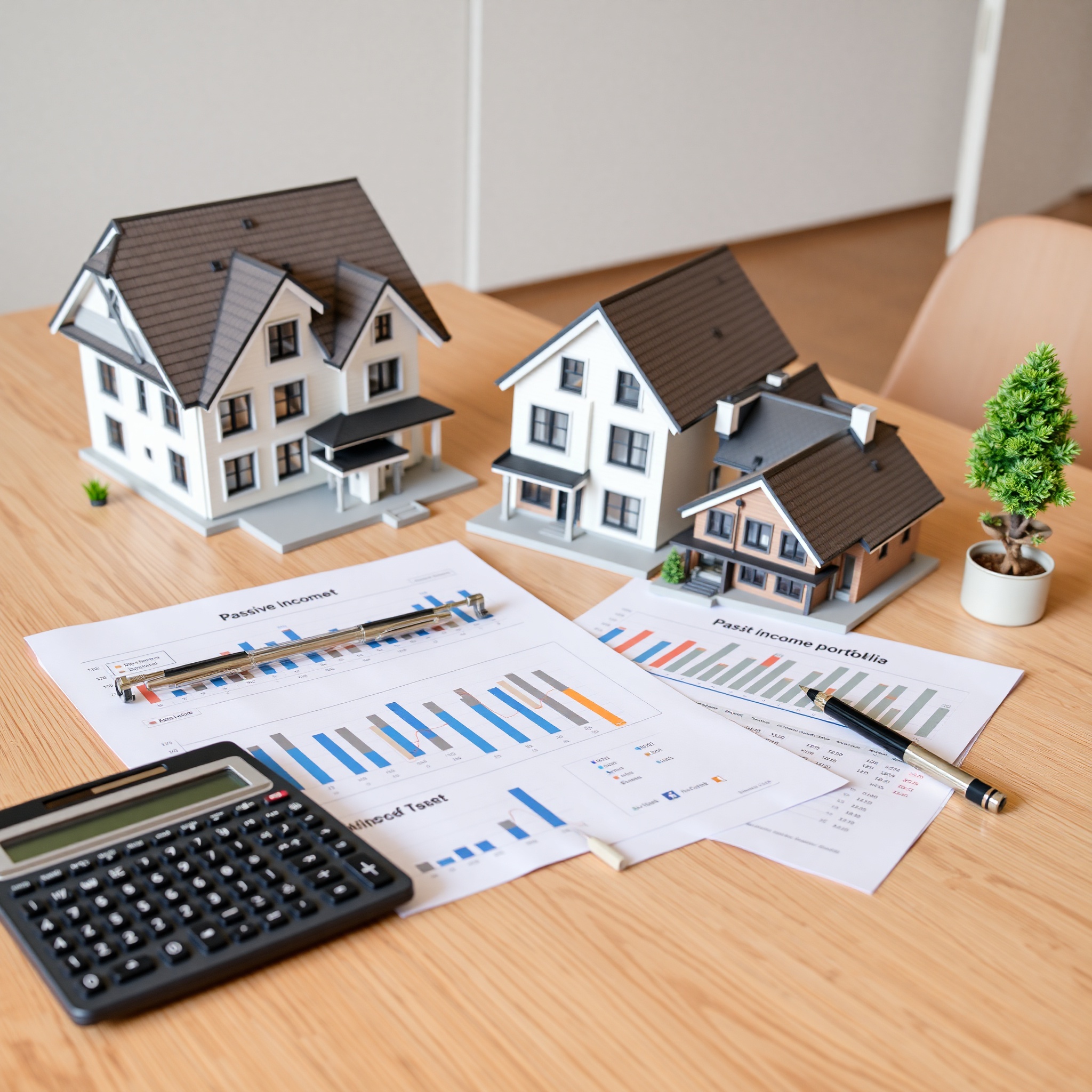 Real estate property investment showing residential home exterior with analysis documents and market valuation data