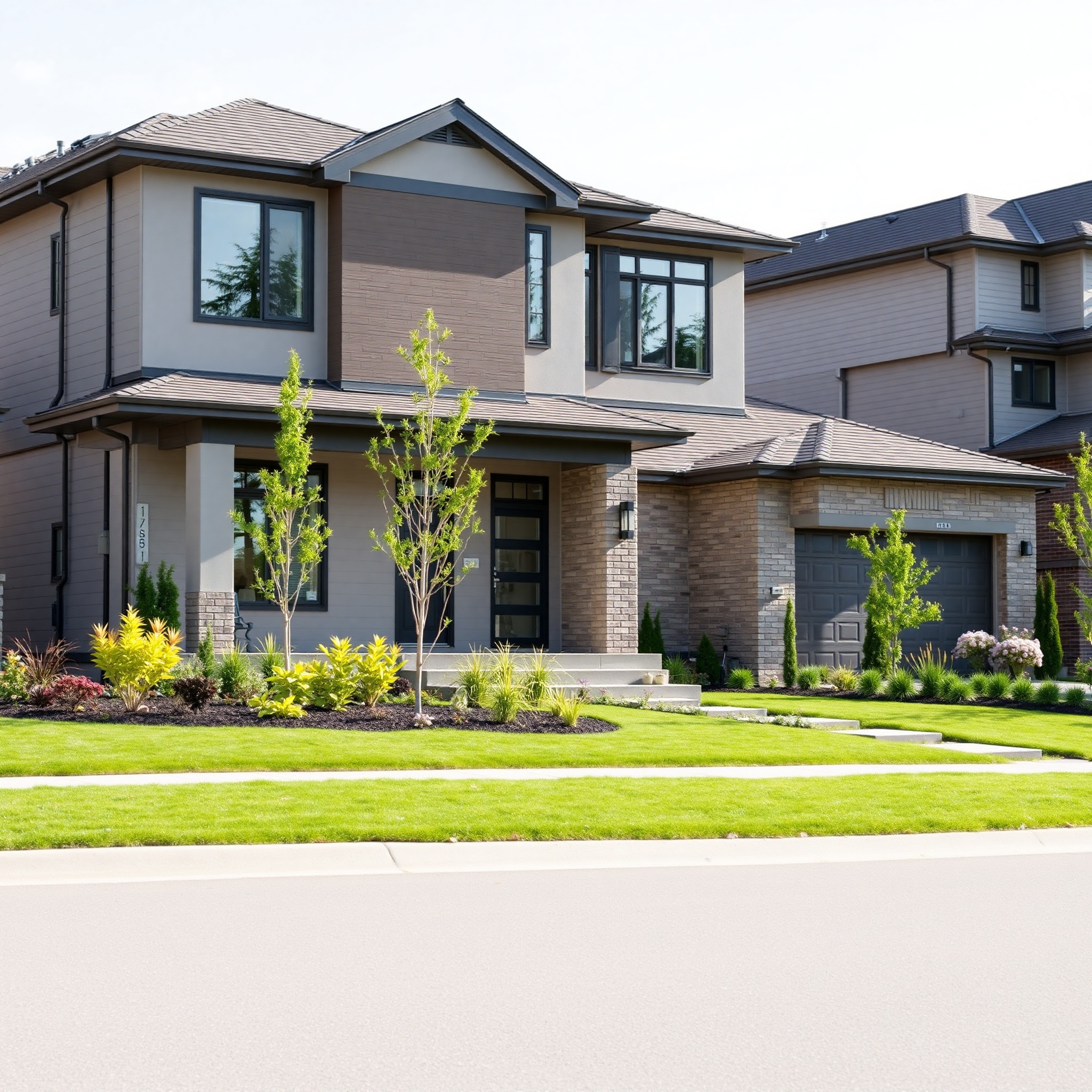 Modern residential property with well-maintained exterior, manicured lawn, professional landscaping