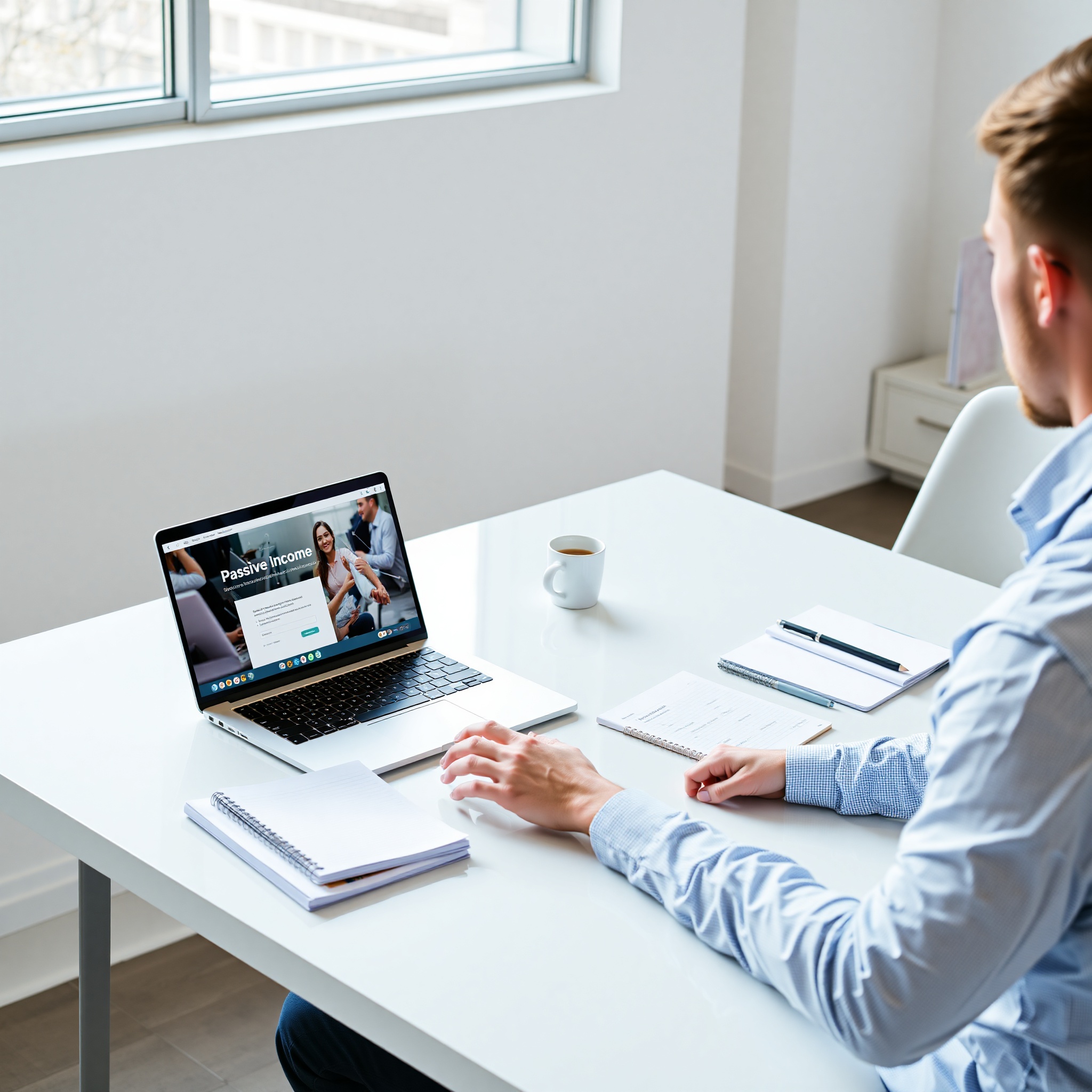 Professional workspace with laptop displaying online course interface and learning materials