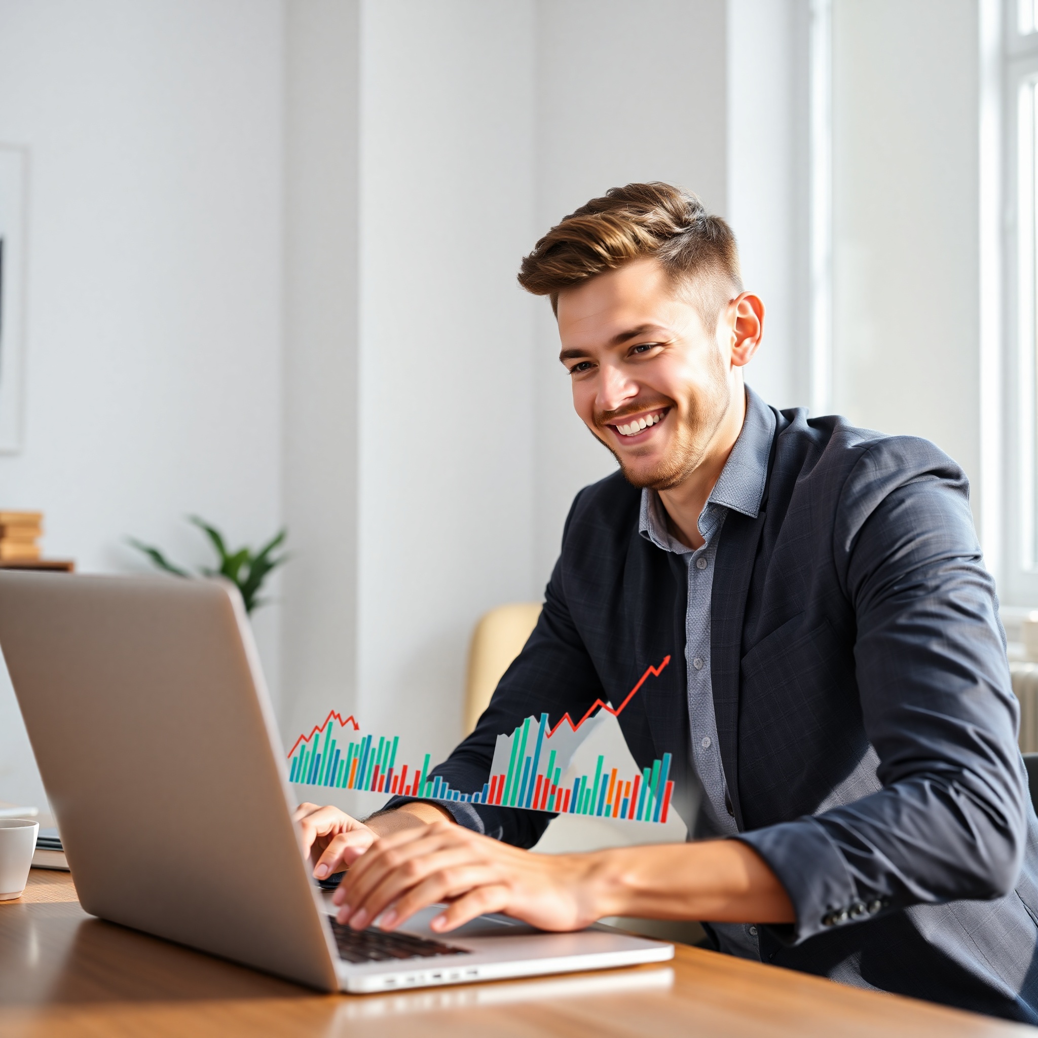 Young professional celebrating financial success with laptop showing growth chart and increasing passive income